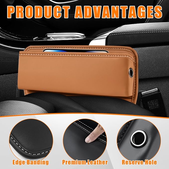 Ziciner Car Seat Gap Organizer, Premium Leather Auto Seat Storage Box, Vehicle Adjustable Front Seat Gap Filler, Car Seat Side Pocket Organizer for Phones, Glasses, Keys, Money, Cards (Khaki) - Image 3