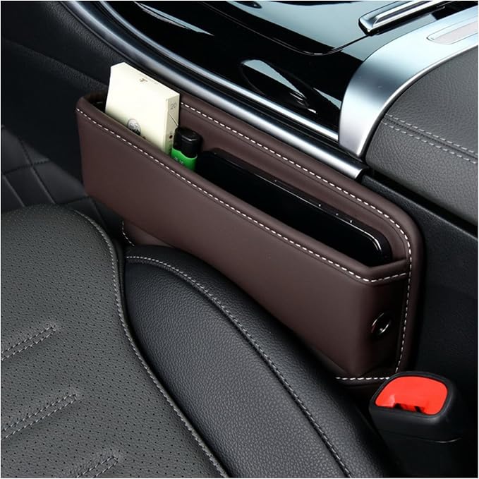 Ziciner Car Seat Gap Organizer, Premium Leather Auto Seat Storage Box, Vehicle Adjustable Front Seat Gap Filler, Car Seat Side Pocket Organizer for Phones, Glasses, Keys, Money, Cards (Coffee) by Ziciner