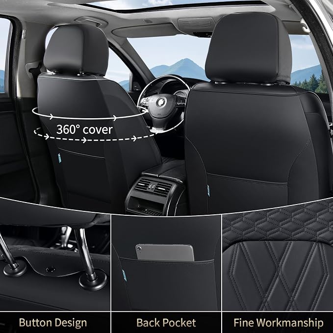 FLORICH Leather Cars Seat Covers Automotive Seat Cover Front Pair Waterproof Seat Covers for Car Vehicle Seat Cushion Protector Universal Fit for Most Cars Trucks SUVs, Black - Image 2