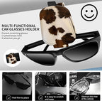 Leather Magnetic Sunglass Holder for Car Sun Visor, Cute Eyeglass Ticket Card Hanger Clip, Universal Auto Interior Accessories for SUV Pickup Truck Brown Cow Print - Image 2