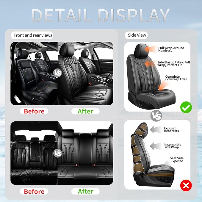 Fit Venza Premium Leather Car Seat Covers for Toyota Venza 2009-2025 2026 - Waterproof，Breathable，All-Weather Seat Cushion Protecto & Airbag Compatible, 2 Front Seat All Black - Image 6