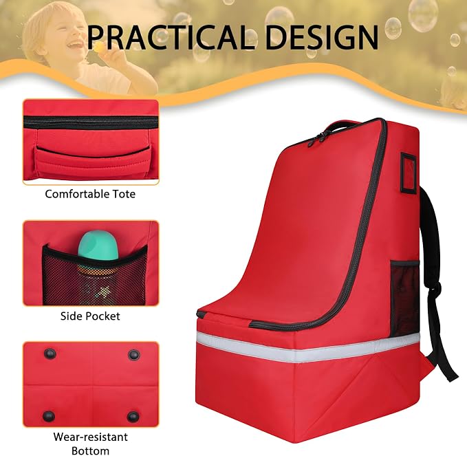 LARIPOP Car Seat Travel Bag for Airplane, Universal Gate Check Car Seat Bag, Padded Backpack with Waist Belt, Reflective Strips & Protective Feet, Fits Infant Convertible Booster Seats, Red - Image 5
