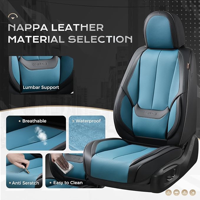 Coverado Seat Covers, Car Seat Covers Front Seats, Car Seat Cover, Car Seat Protector Waterproof, Car Seat Cushion Leather, Seat Covers Carseat Cover Universal Fit for Most Cars Black-Blue - Image 3