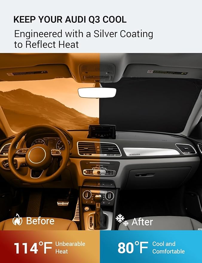 Proadsy Custom Fit 2013-2018 Audi Q3 Windshield Sun Shade, Blocks Heat | 240T Heat Shield, Drops Temp 54°F, Blocks 99% UV, Prevents Dashboard Cracking, Summer Parking & Beach Trips, Easy Twist-Fold - Image 3