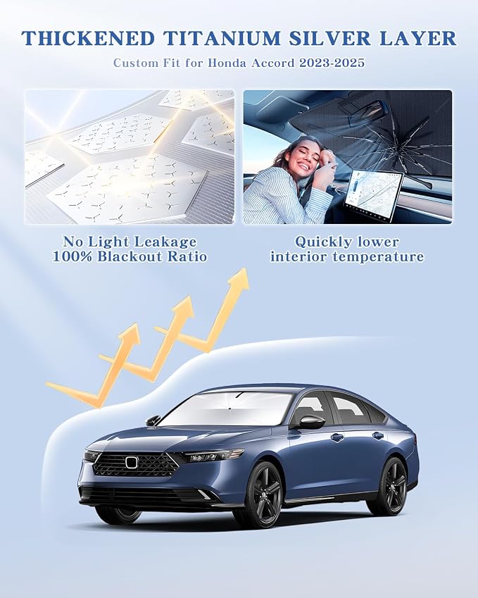 Portable for Honda Accord 2023-2025 2026 Windshield Sunshade Umbrella with Carry Bag, 2 in1 Ice Crystal Durable Compact Shade Umbrella UPF50+ UV Front Window Heat Insulation Protection Outdoor Camping - Image 2