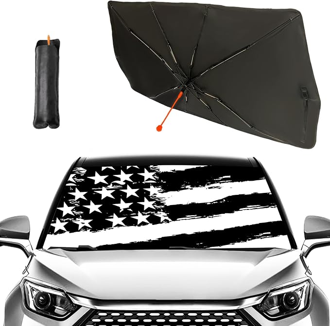 Socira American Flag Car Windshield Sunshade Umbrella Foldable Black | Umbrella Sun Shade Cover Patriotic Sunshade Front Window Cover Interior Blocks Uv Rays Keeps Cool (57" X 30") by Socira