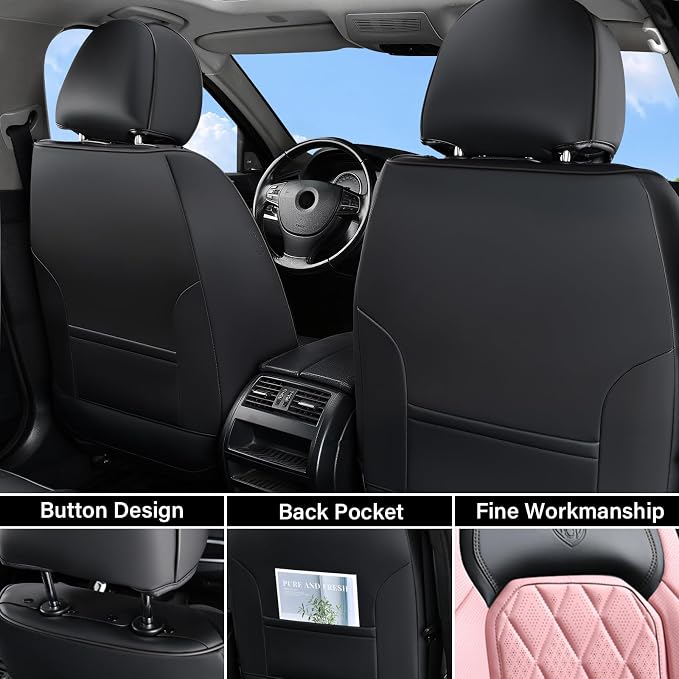 Coverado Leather Seat Covers, Car Seat Covers Full Set, Waterproof Faux Leather Pink & Black Seat Covers, Car Seat Protectors 5 Seats, Automotive Seat Covers Universal Fit for Most Cars SUV Trucks - Image 2
