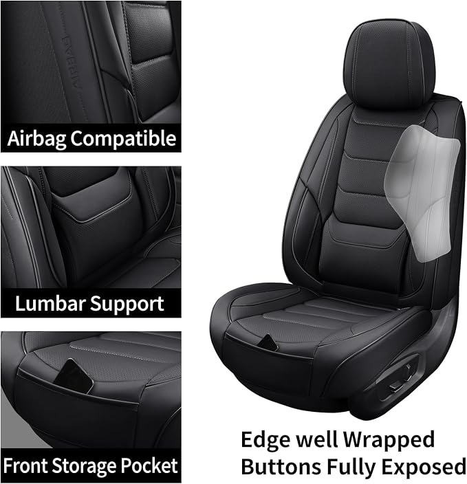 Leather Car Seat Covers Full Set Automotive Seat Protectors | Breathable Waterproof Durable Full Surround & Lumbar Support Design Non-Slip Universal Fit for Most Cars SUV Trucks Van Black - Image 6