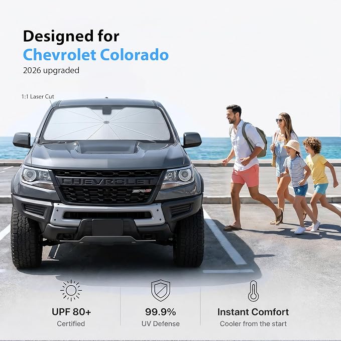 2026 Upgraded Windshield Sun Shade Umbrella for Chevrolet Colorado [Precision Custom Fit, Superior UV & Heat Block] Cooling Tech Fabric, Durable Foldable with Storage Bag, Fits 2004-2012, 2015-2026 - Image 2