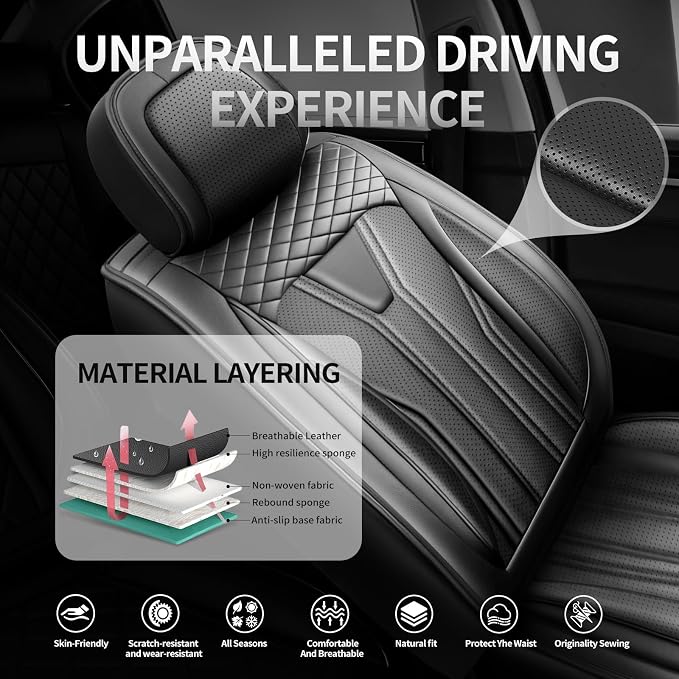 Fit Avalon Premium Leather Car Seat Covers for Toyota Avalon 2001-2021 2022 - Waterproof，Breathable，All-Weather Seat Cushion Protecto & Airbag Compatible, 2 Front Seat All Black - Image 2