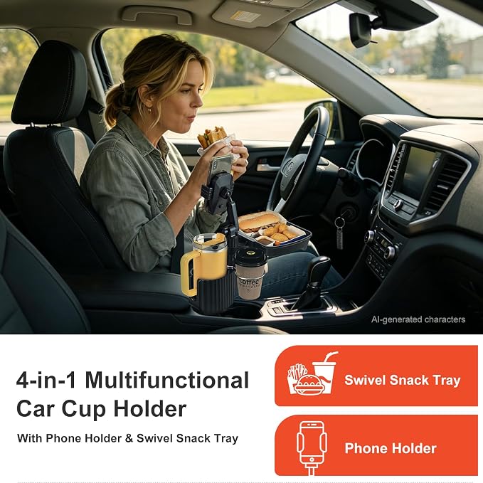 Car Large Cup Holder Expander, 4-in-1 Cupholder Extender with Phone Holder & Swivel and Detachable Snack Food Tray Table for Eating, Travel Essentials for Road Trips for Driver. Model F - Image 2