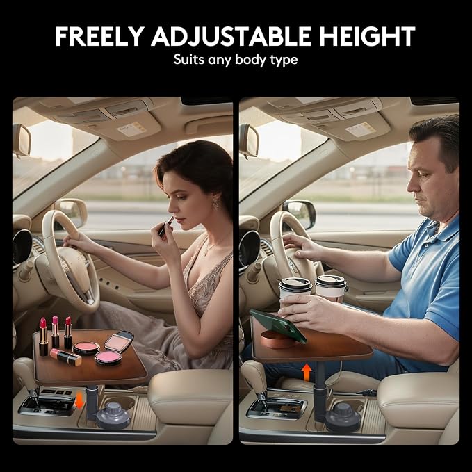 Car Tray Table & Car Laptop Desk, Height-Adjustable 360° Rotating Wood Car Laptop Mount, Steering Wheel Tray, Cup Holder Table,Compatible with Tesla & Most Vehicles Walnut - Image 3