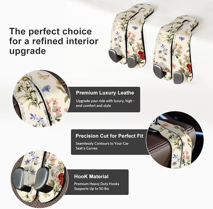 CoBak Purse Hook for Car - Universal Premium Stitched Leather and Aluminum-Magnesium Alloy Double Car Seat Back Storage Hook for Purses, Handbags, Bags (2 Pack),Antique Floralia - Image 2