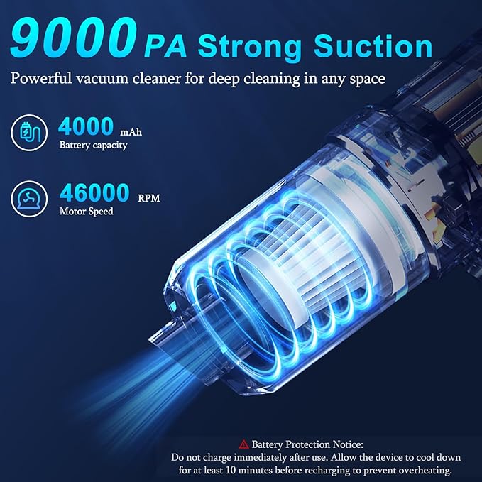 KMM Handheld Car Vacuum Cleaner, Hand Held Vacuum Cleaner and Air Duster | 9000PA Strong Suction, Cordless, 120W High Power, Multi-Nozzles & LED Light, for Home, Car, Office, Pet - Image 3