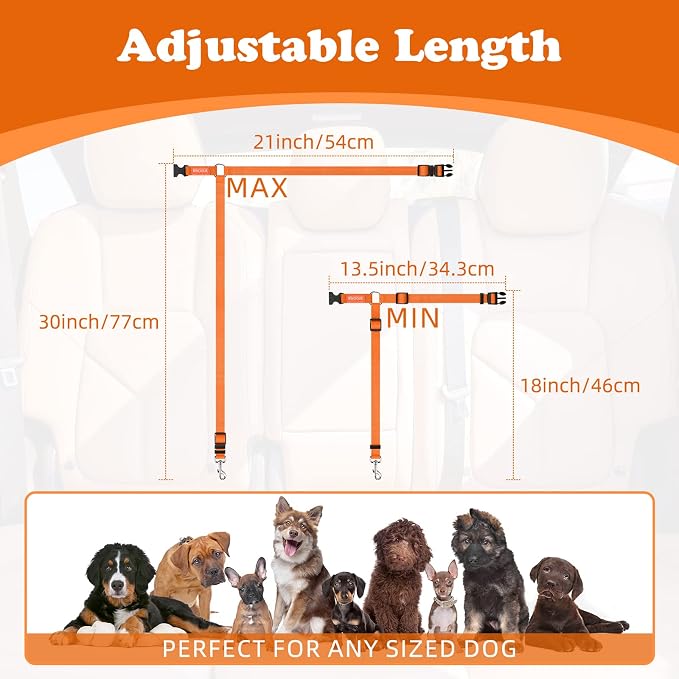 BWOGUE 2 Pack Dog Seat Belt for Car, Headrest Restraint Strap, Orange | Headrest Loop, 18-30 in Adjustable, 2-in-1 Seat Belt and Leash, Nylon Strap, 2 Pack for Dogs and Cats, Use with Dog Harness - Image 4