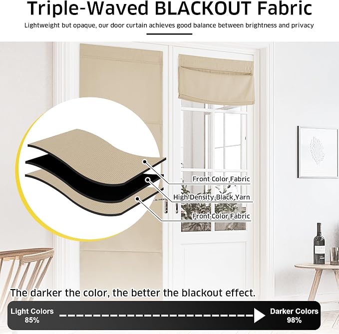 NICETOWN Biscotti Beige Magnetic Blackout Door Blinds, No Drill Roman Shade | Front French Door Curtain for Window, Thermal Insulated Light Blocking Shades, Sidelight Glass, 24" W x 64" L, 1 Panel - Image 4
