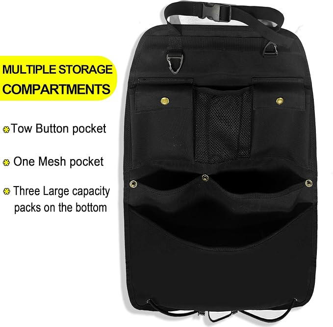 Black Car Seat Back Organizer with Multiple Pockets and Hooks - Image 2