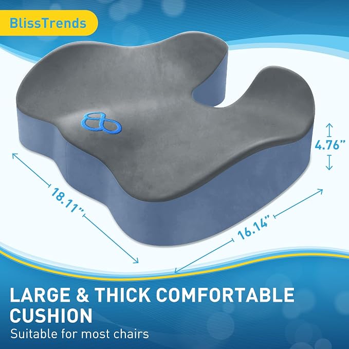 BlissTrends Memory Foam Seat Cushion for Office Chair & Car Seat Grey&Blue | Ergonomic Tailbone & Sciatica Support with Removable Velvet Cover for Pressure Relief and Long Sitting Comfort, 3.3" Thick - Image 3