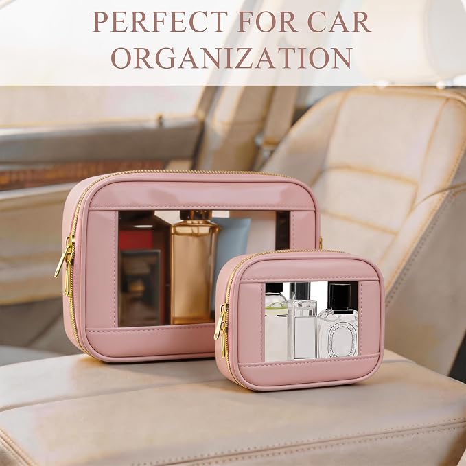 2-Piece Leather Clear Makeup Bags Set - Waterproof Clear Cosmetic Bag Case with Zipper, Transparent TSA Approved Toiletry Bag for Travel, Car Accessories for Women (Pink-2, Mini+Medium) - Image 5