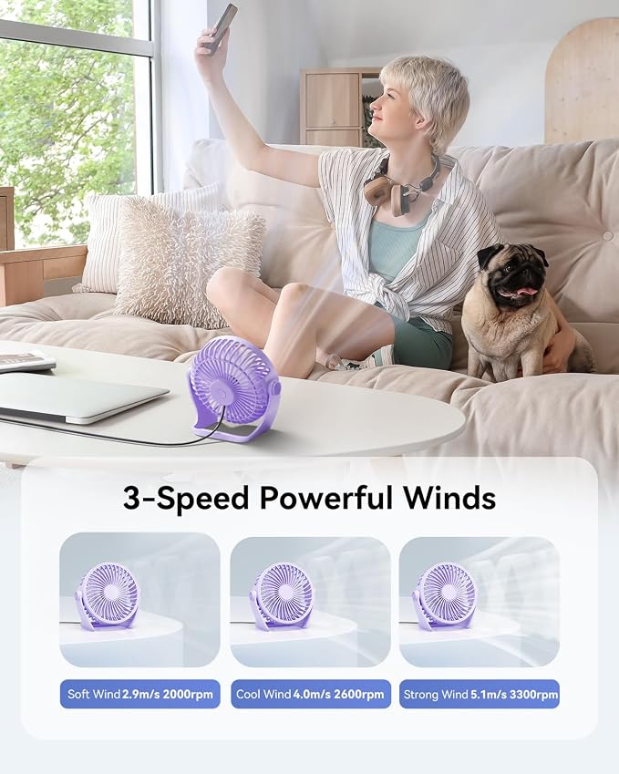 Edvision USB Desk Fan, 5 Inch Small Portable, 3 Speeds Powerful Wind Mini Personal Desktop Fan 360° Rotation Adjustable, Plug In USB Fan Quiet for Table Home Office Travel Car(Purple) - Image 4