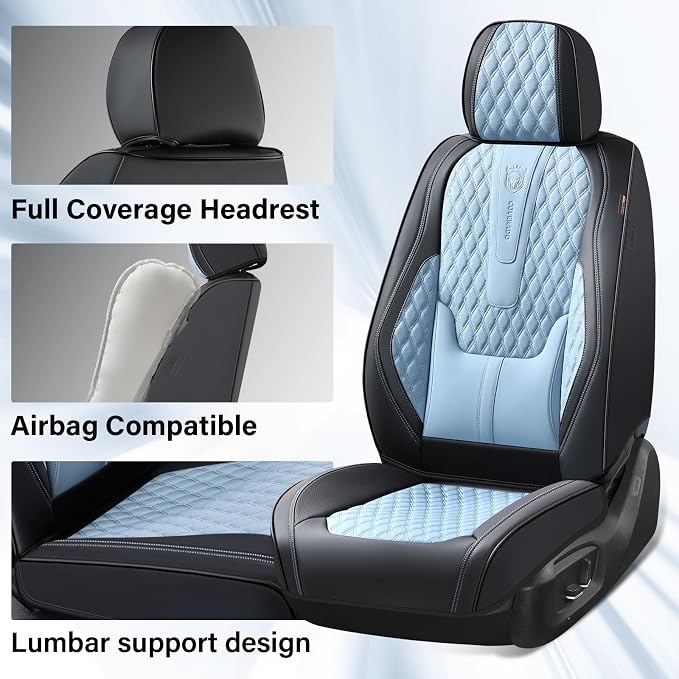 Coverado Car Seat Covers Front, Nappa Leather Seat Covers for Cars, Waterproof Seat Covers with Lumbar Support, Automotive Seat Covers Universal Fit for Most Cars SUV Trucks (Front, Black-Blue) - Image 3