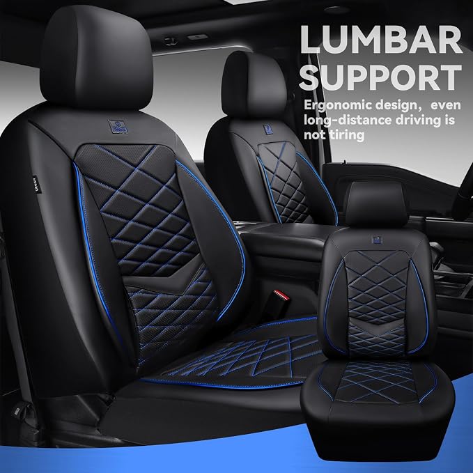 CAR PASS Luxury Nappa Leather Seat Covers Full Set, Water Resistant Faux Leather Seat Cover with Lumbar Support, Breathable Automotive Seat Covers Universal Fit for Sedan SUV Van Truck, Black Blue - Image 6