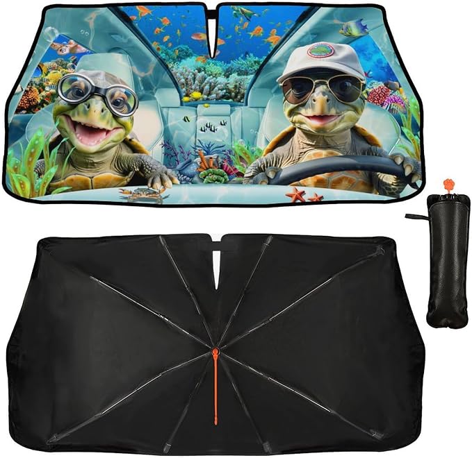 CHILL·TEK Print Turtle Windshield Sun Shade Funny Turtle Sun Shade for Car Front Window Block UV Rays Foldable Umbrella Windshield Sun Visor Protector Keep Vehicle Cool for Most Vehicles - Image 2