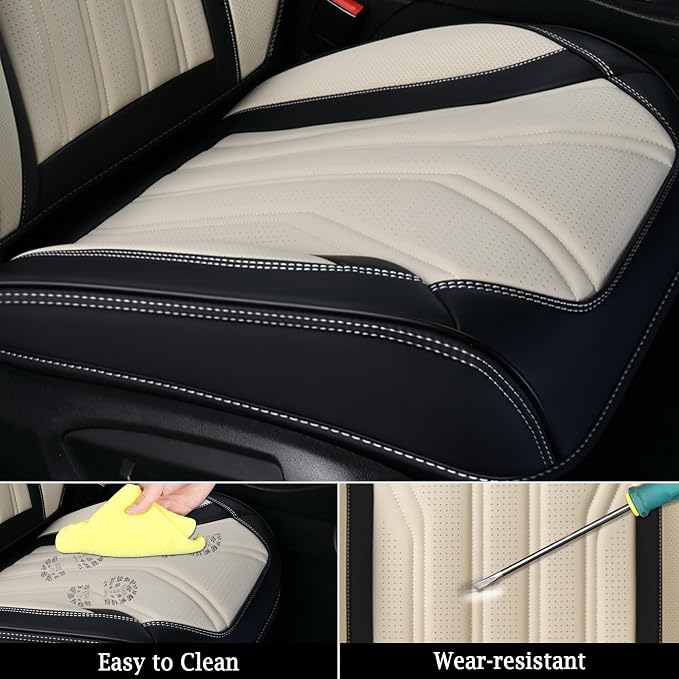 Leather Seat Covers, Seat Covers Full Set, Car Seat Protectors 5 Seats, Automotive Seat Covers Fit for Most Cars Trucks SUV- Black&Beige - Image 7