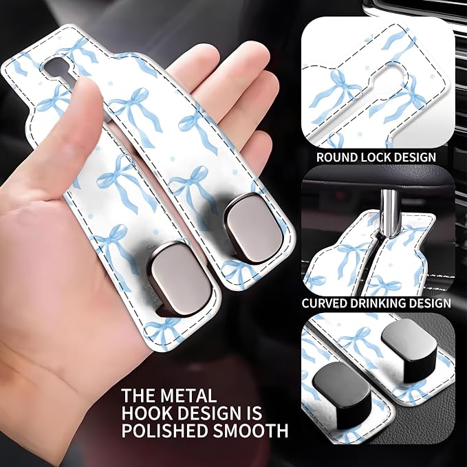 Car Seat Back Storage Headrest Hook, Premium Leather Double Metal Hook, Hanger Storage Organizer for Purse Cloth Bag, Car Interior Accessories Blue Cute Bowties - Image 3