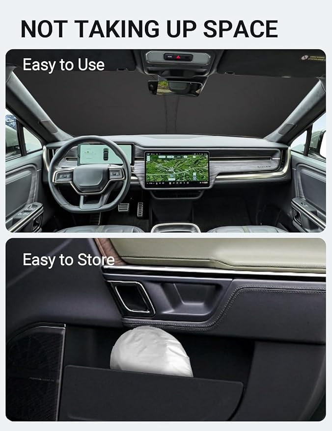 Proadsy Custom Fit 2022-2026 Rivian R1S Windshield Sun Shade, Blocks Heat | 240T Heat Shield, Drops Temp 54°F, Blocks 99% UV, Prevents Dashboard Cracking, Summer Parking & Beach Trips, Easy Twist-Fold - Image 9