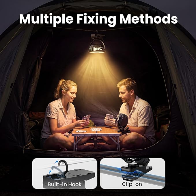 Portable Clip on Fan 65 Working Hours, Camping Fans with LED Lights & Hook, 12000 Capacity Battery Operated Fan with Clamp, USB Rechargeable for Desk, Tent, Treadmill, Stroller, Golf Cart, Home - Image 5