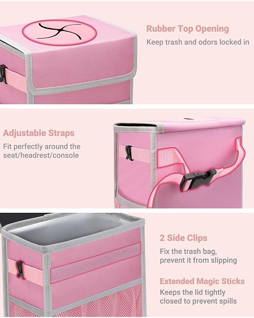 Capolo Car Trash Can with Lid, Leakproof Car Garbage Can Car Trash Bag | Waterproof, Trash Can for Car, 3 Mesh Pockets, Mini Hanging Vehicle Car Trash Bin, for Back/Front Seat (Pink,3 Gal) - Image 3