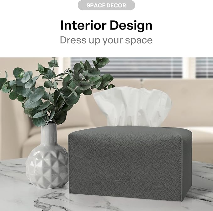 Carrotez Tissue Box Cover, [Refined] Modern PU Leather Rectangular Tissue Box Holder - Decorative Holder/Organizer for Bathroom Vanity Countertop, Night Stands, Office Desk 9.5"X5"X5" - Charcoal - Image 4