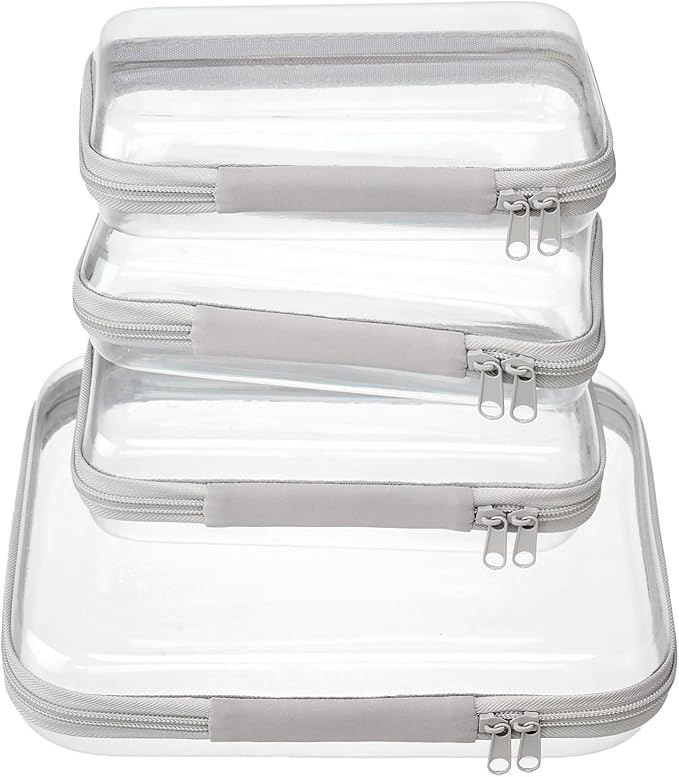 4 pcs Clear Zipper Pouches,Hard Shell Zipper Case, Toiletry Bag for Travel | CLear Diaper Bag, Toiletry Pouch, Travel Organizer, Cosmetic Bag,Toy Storage Bins (M+3S) (Gray) by WELPIRT