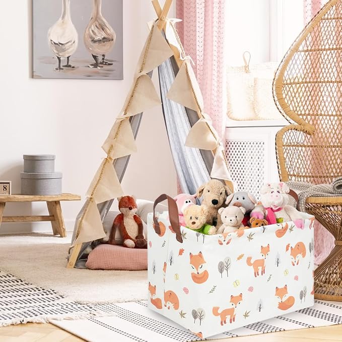 Rectangle Fox Basket,Collapsible canvas waterproof storage basket,Toy Organizer,Laundry Baskets for Kid Rooms,Baby Room decor,Toy Baskets,Woodland Nursery Decor(Fox) - Image 5