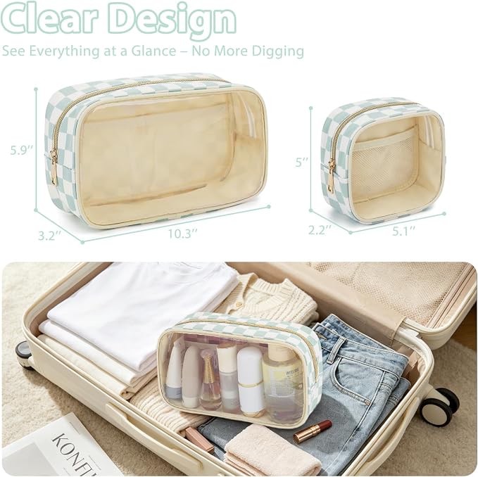 Fammart Clear Travel Makeup Bag for Women, TSA Approved Checkered Cosmetic Bag Make Up Car Organizer Case with Zipper, Large Waterproof Pouch Purse Toiletry Bag for Skincare, Brushes Travel Essentials - Image 3