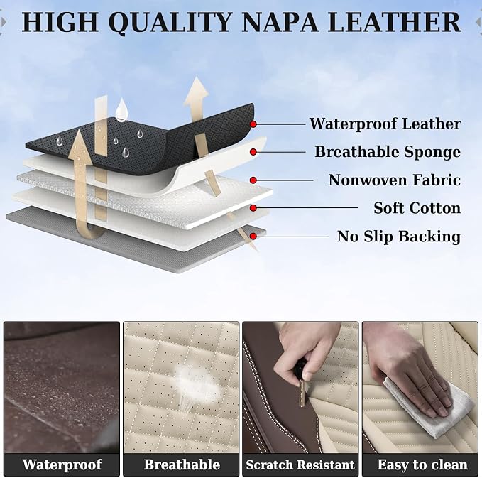Coverado Leather Car Seat Covers Full Set, 5 Seats Waterproof Seat Covers for Cars Front and Rear Seat Cushions Protectors Universal Fit Most Vehicles (Bronw&Beige) - Image 4