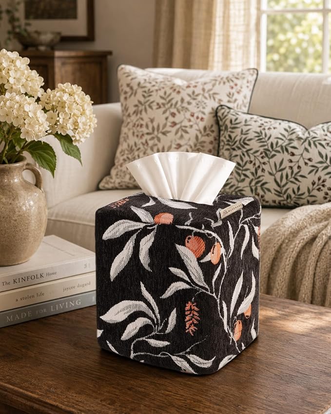 Chenille Tissue Box Cover - Vintage Farmhouse Decor, Black Leaf | Tissue Box Cover Square, Cube Tissue Holder, 4.5x4.5x5.5 in, Home, Living Room, Bathroom, Bedroom, Office, Vanity, Car Decor - Image 5