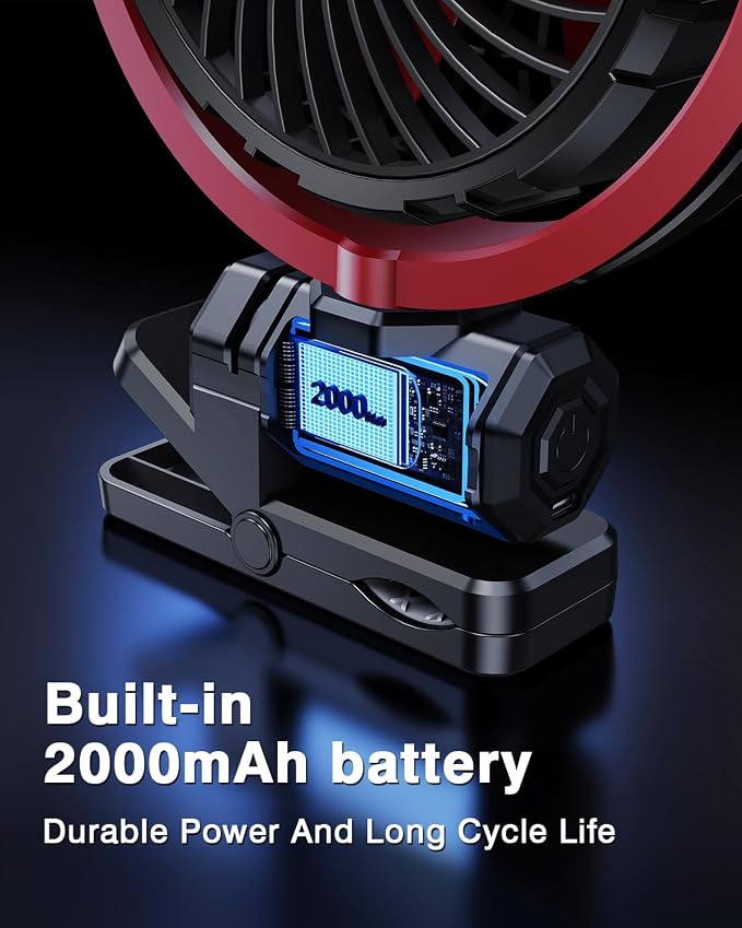 Battery Clip On Fan for Car Visor Back Seat Roof Handle (Red) | 2000mAh Rechargeable Car Fan Clip On SUV Van RV Pickup Truck Camping Desk Bed Stroller Baby Crib, Quiet, 360 Rotation - Image 4