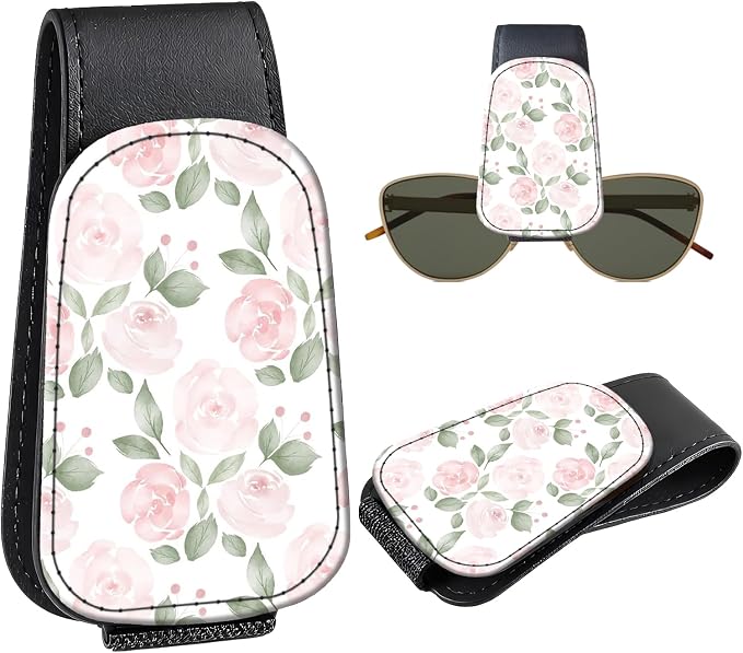 Leather Magnetic Sunglass Holder for Car Sun Visor, Cute Eyeglass Ticket Card Hanger Clip, Universal Auto Interior Accessories for SUV Pickup Truck, Soft Rose by Unknown