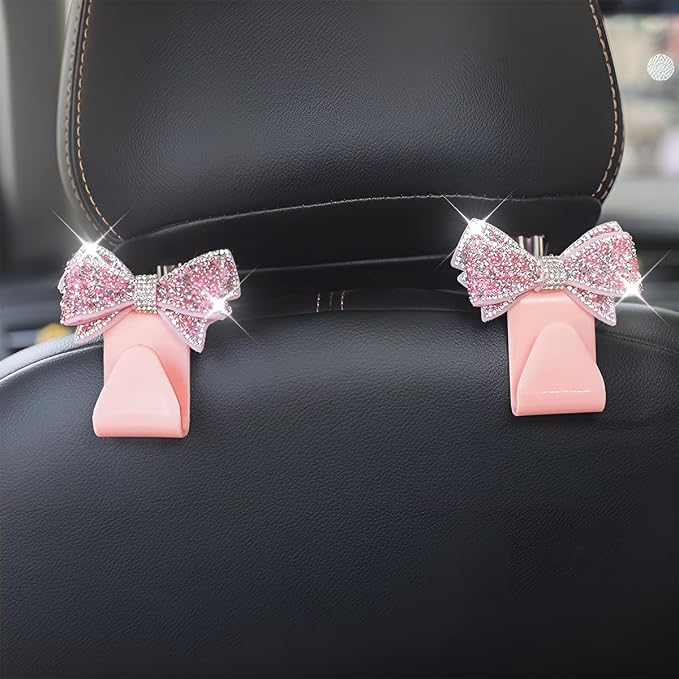 Zpana Bling Car Headreat Hook, 2PCS Crystal Rhinestone Cute Bow Vehicle Seat Back Hanger Storage for Purses Bags Grocery, Diamond Auto Rear Seat Organizer, Universal for SUV Truck Sedan (Pink) | PVC construction, rhinestone bow design, compact rear sea... - Image 6