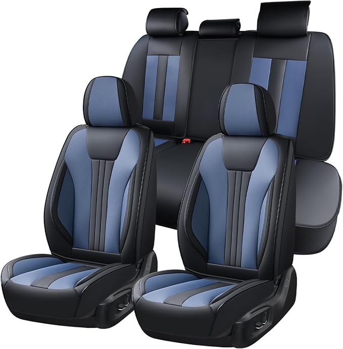 Huidasource Universal Car Seat Covers, Waterproof Faux Leather, Airbag Friendly, Easy Installation, Unobstructed Cup Holders, Scratch Resistant for Family Trips, Black & Blue by Huidasource