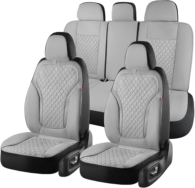 Coverado Car Seat Covers 5 Seats, Luxury Diamond Leather Seat Covers Full Set, Carbon Fiber Textured Design, Durable Waterproof Seat Protectors, Automotive Seat Covers Universal Fit Most Cars, Gray by COVERADOAUTO