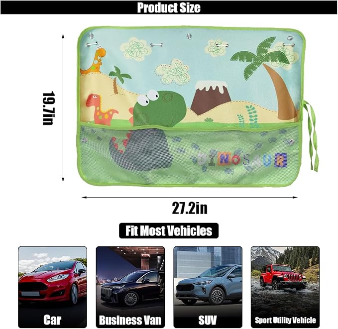 GLSOWEE Car Window Shade for Baby, Blackout Car Window Curtain, Dinosaurs | Storage Pockets & 7 Suction Cups, Cartoon Pattern Car Side Window Sun Shade Cover for Sun/Heat/UV Rays Protection, Green - Image 2
