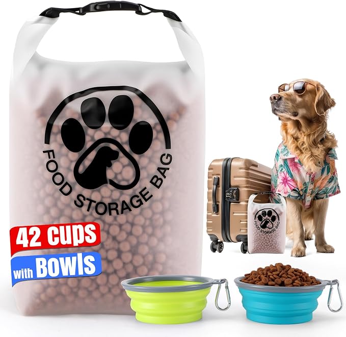 Pet Food Storage Bag for Travel - Transparent Leak-Proof Dog Food Container with Roll-Top Closure, Keeps Kibble Fresh for Camping Trip, Dog Boarding, Weekend Getaways (42 Cups+bowl) by Aosnare