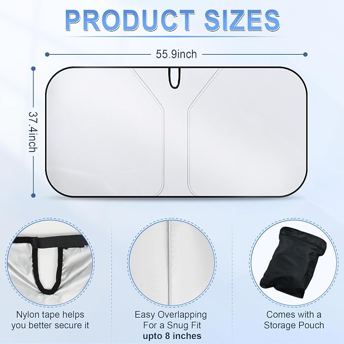 SINGARO 300T Universal Car Windshield Sun Shade, Foldable Reflective for Windshield & Window Shades with Overlapping Design, Car Interior Accessories (55.9" L x 37.4" W) - Image 2