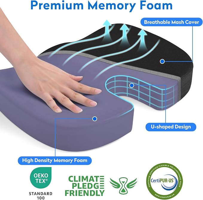CushZone XXL Memory Foam Seat Cushion for Office & Car, Black | U-shaped Coccyx Cutout, Contoured Design, Breathable Removable Mesh Cover, Non-Slip Base, Carry Handle - Image 2