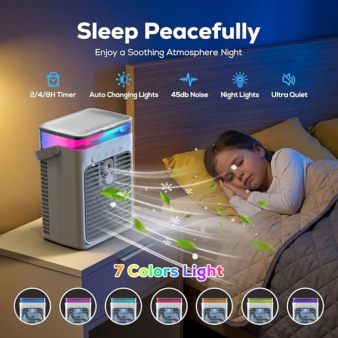 Portable Air Conditioners, Personal Evaporative Air Cooler, 3-Speed Small AC Fan, 8H Auto-off, Mini Air Conditioner, Cooling Fan for Car, Desktop, Camping, Bedroom, Office (Gray) - Image 6