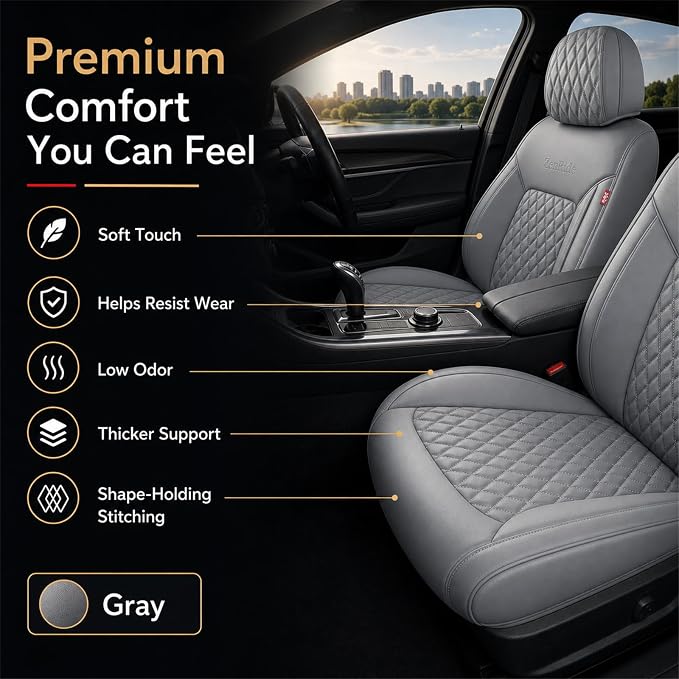 Gray High-Density Nappa Leather Automotive Car Seat Covers Full Set | Univerasal Fit,3D Contoured,Full Coverage,Waterproof,ThickTexture Nappa Leather,for most Suvs Trucks Sedans - Image 2
