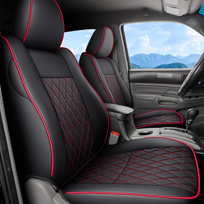 Coverado Tacoma Seat Covers, Car Seat Covers Front Seats, Leather Seat Covers for Cars Car Seat Protector Cushion Tacoma Accessories Custom Fit 2005-2023 Toyota Tacoma Double/Crew Cab(Red) by COVERADOAUTO